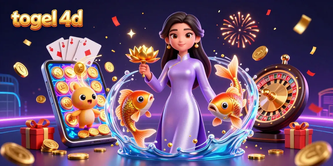 Experience the excitement of togel 4d with vibrant 3D illustration showcasing a woman with a golden lotus, surrounded by dynamic gambling elements.