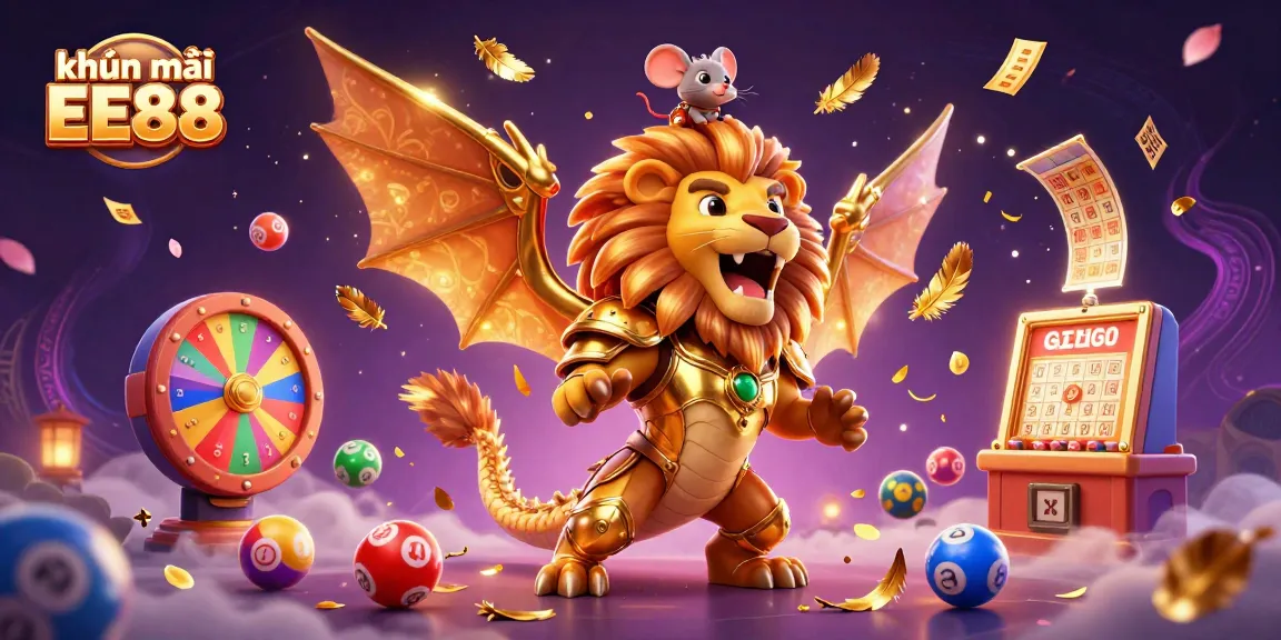 Experience the exciting khuyến mãi EE88 with vibrant lottery elements and a triumphant chimera in action.