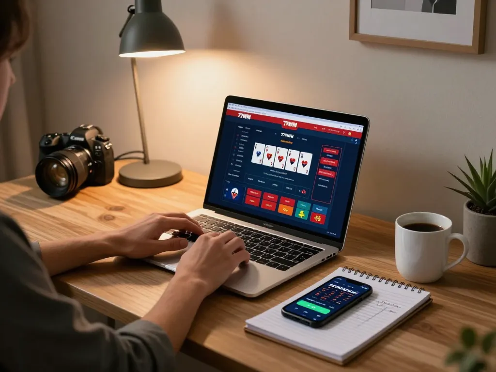 Player engaging with the 77WIN online casino platform for strategic poker gaming at home