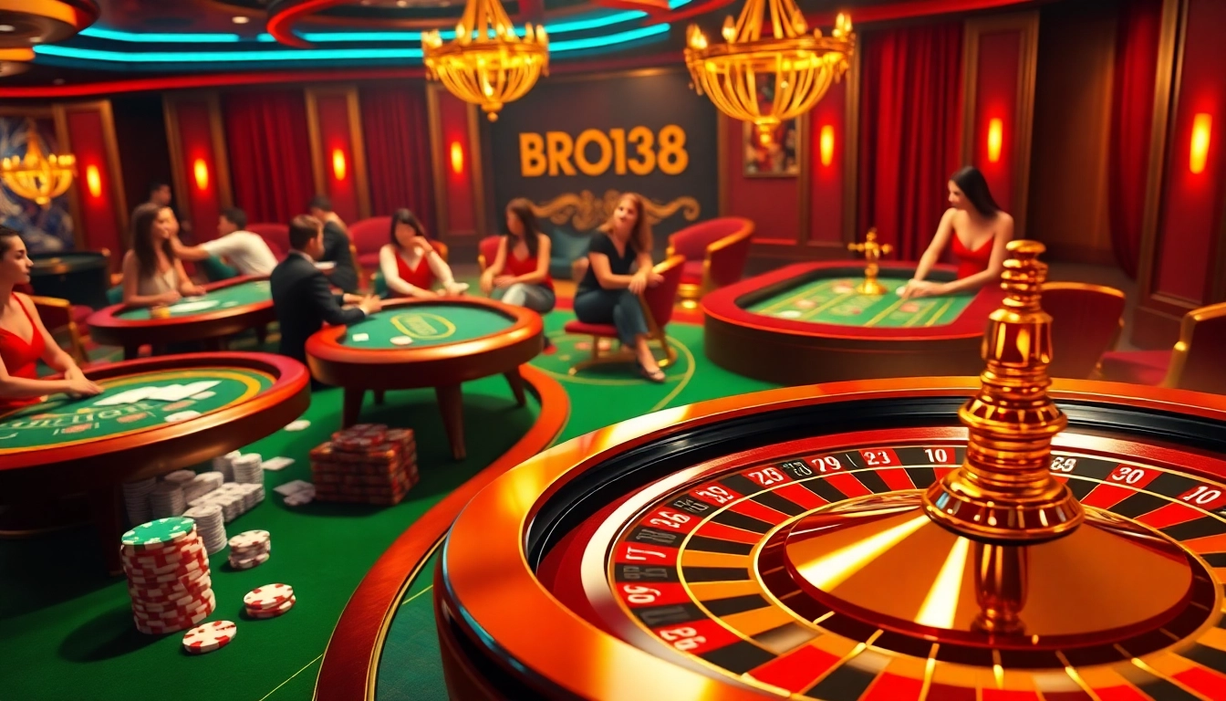 Engaged players enjoying a thrilling experience at BRO138 casino tables with vibrant atmosphere and winning actions.