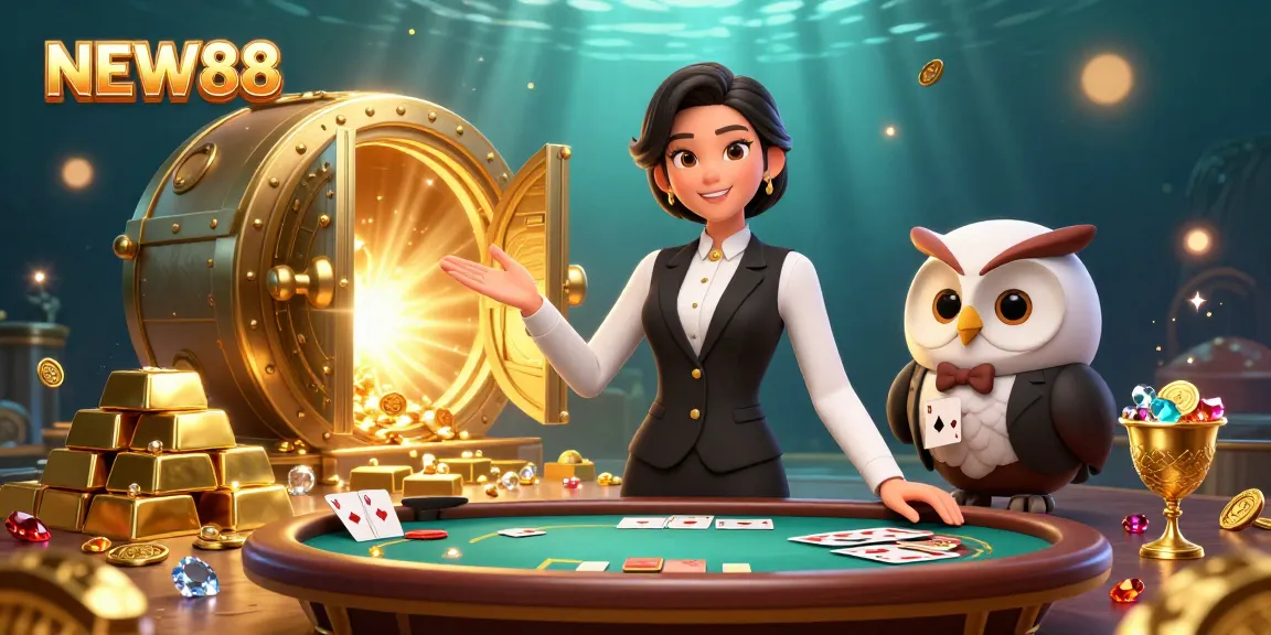 Engage with the exciting world of NEW88 where an Asian woman dealer and an owl assistant create a vibrant casino atmosphere.