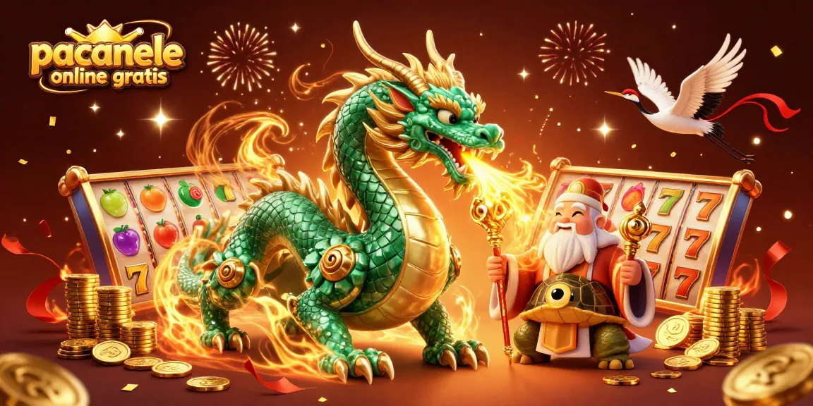 Joacă păcănele online gratis cu dragoni, turi și simboluri norocoase într-o atmosferă vibrantă de sărbătoare.