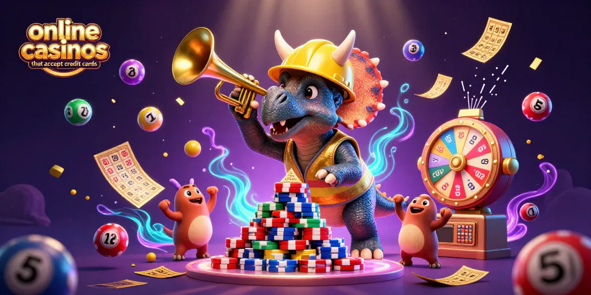 Engage with online casinos that accept credit cards, featuring a triceratops and vibrant casino elements.
