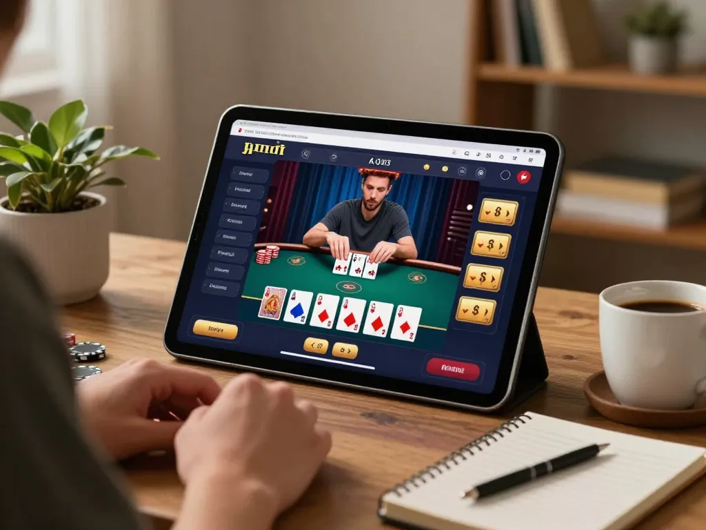 Engaging in nk88 online casino gaming on a tablet with cards and strategy notes visible.