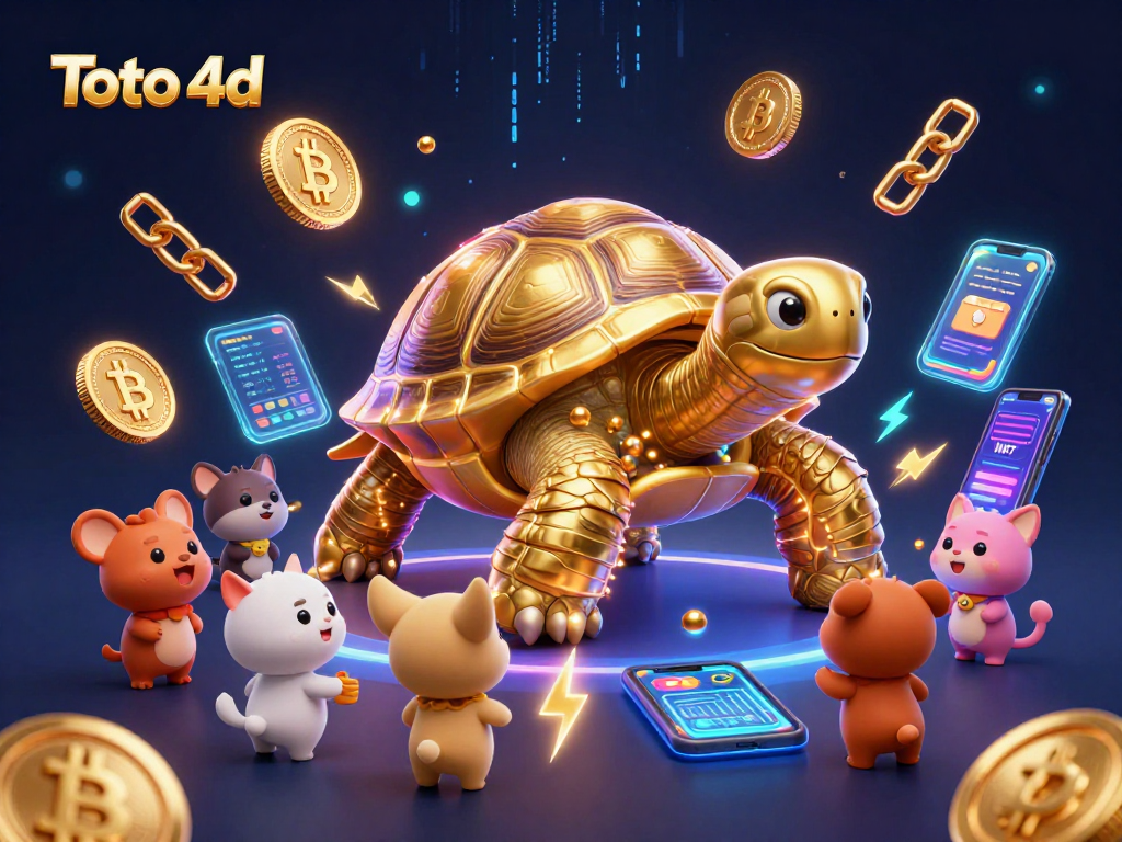 Toto 4d themed illustration showcasing a golden tortoise pinball machine, vibrant crypto elements, and excited characters