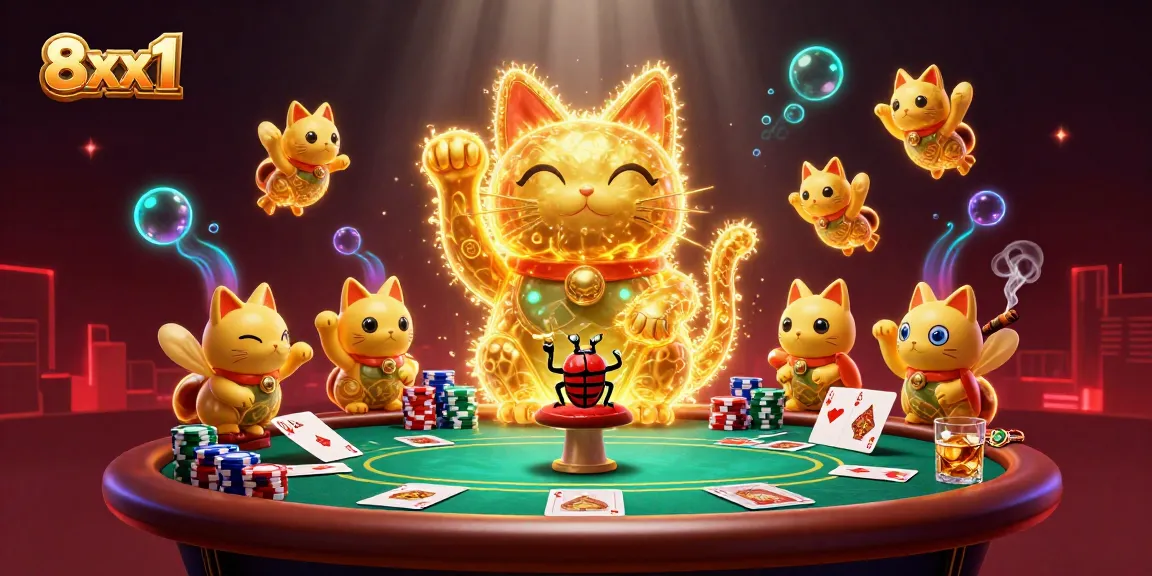 Immerse in the excitement of 8xx1's vibrant casino world with a waving lucky cat surrounded by poker elements and glowing effects.