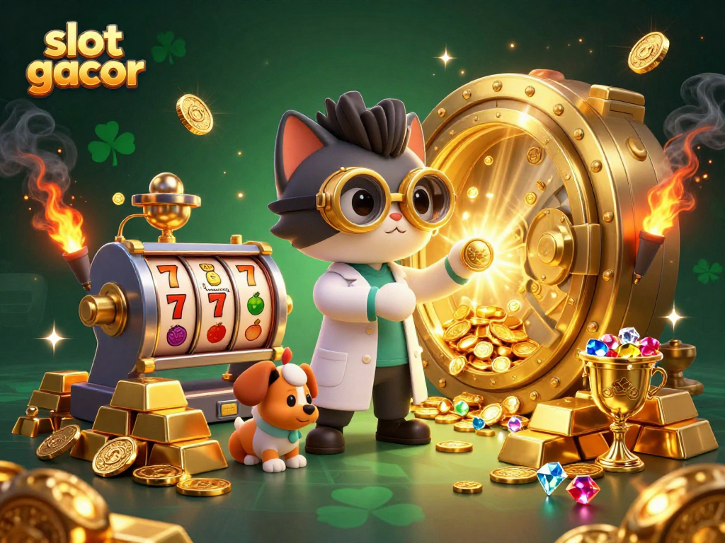 Engage with slot gacor strategies through a vibrant 3D illustration of a mad scientist cat and dog in an exciting casino scene.