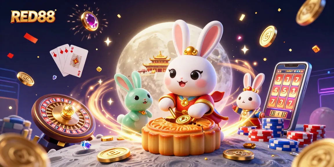 Play exciting games at RED88 with vibrant casino-themed 3D illustration showcasing lunar celebration.