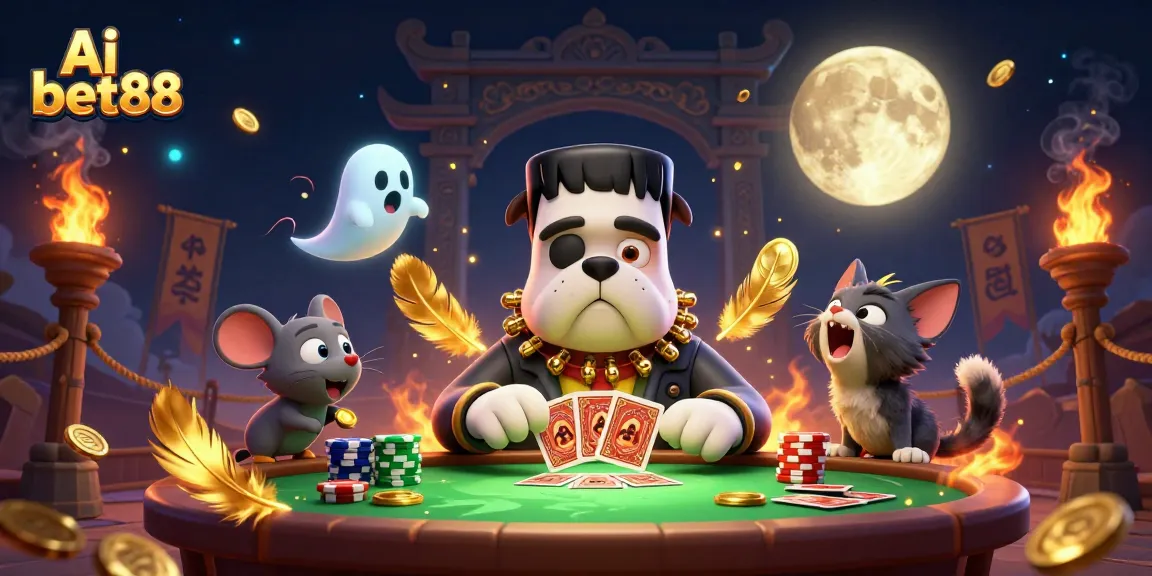 Experience the excitement of Ai bet88 with a card-dealing bulldog monster and playful characters.