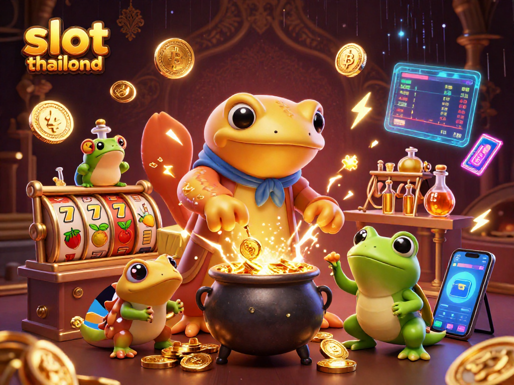 Spin the reels with slot thailand, featuring vibrant symbols, golden coins, and dynamic crypto elements.