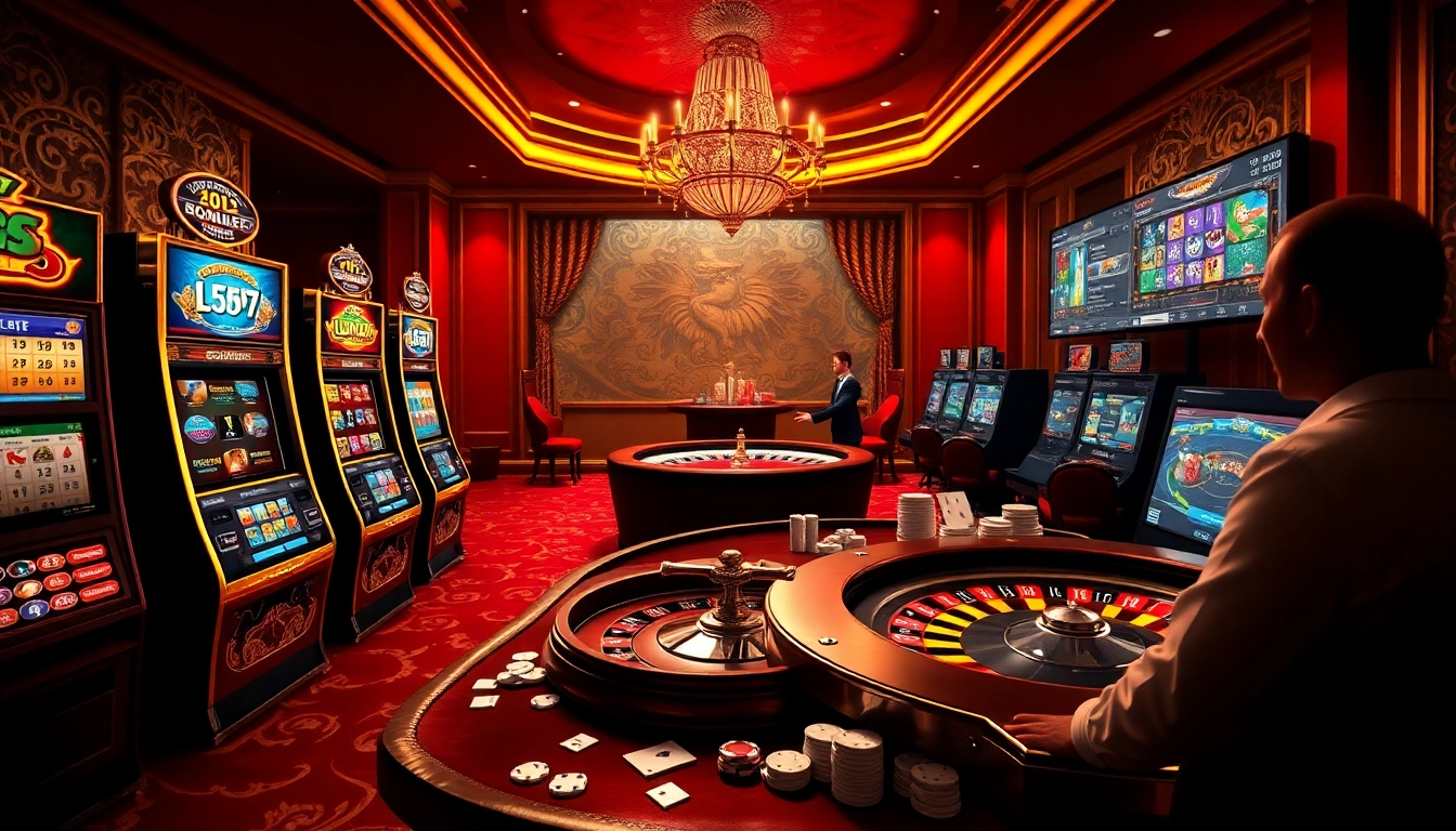 L567 slot machines and poker tables radiate excitement in a luxurious casino environment.