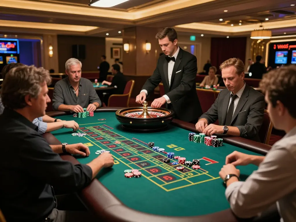 MIG8 live casino scene with players at a roulette table, showcasing excitement and engagement in gameplay.