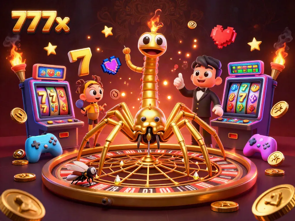 Experience the thrill of 777x casino with a golden spider spinning a roulette wheel web.