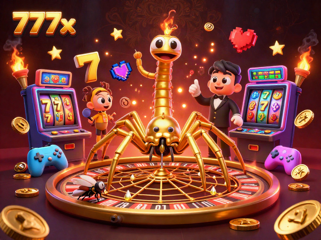 Experience the thrill of 777x casino with a golden spider spinning a roulette wheel web.