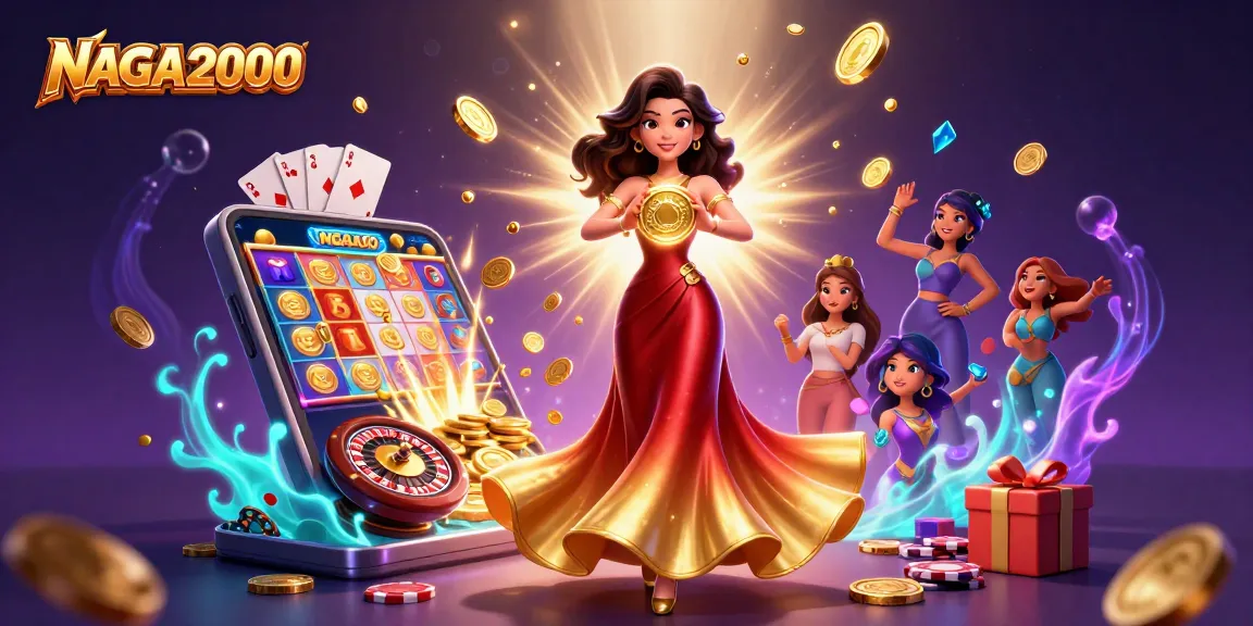 NAGA2000 menghadirkan pengalaman slot yang memukau dengan dewi Asia memegang koin emas di tengah harta karun yang melimpah.