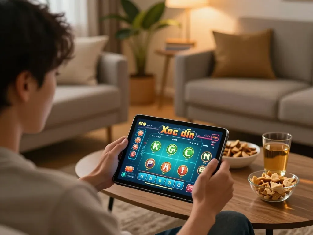 xóc đĩa gameplay on a tablet in a cozy home setting with warm lighting.