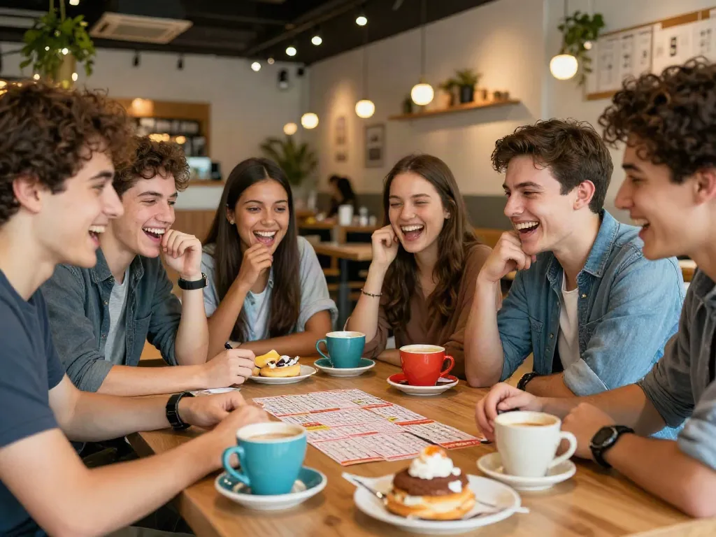 Pengalaman bermain togel bersama teman-teman di kafe yang hangat dan mengundang, dengan tiket undian dan minuman segar.