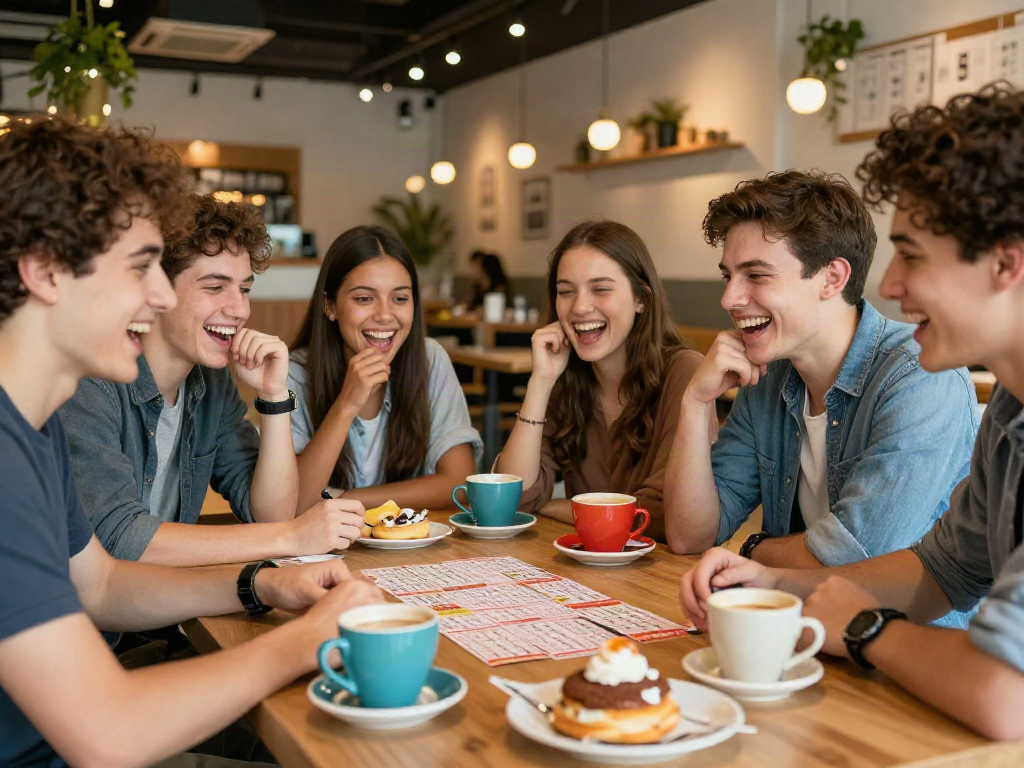 Pengalaman bermain togel bersama teman-teman di kafe yang hangat dan mengundang, dengan tiket undian dan minuman segar.