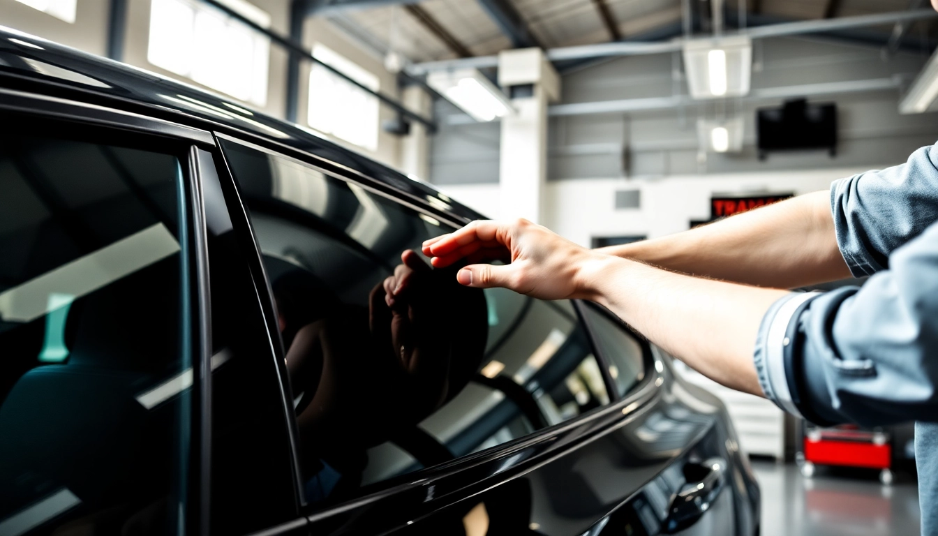 Apply auto window tint near me expertly in a modern garage, showcasing precision and quality.