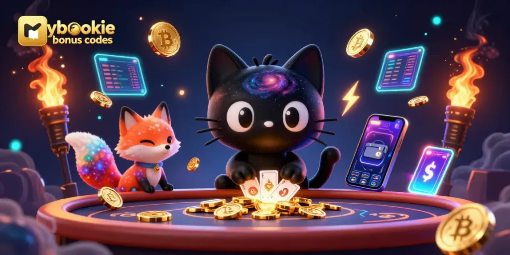 Explore exciting mybookie bonus codes while a cosmic cat pulls in golden chips at a vibrant casino.