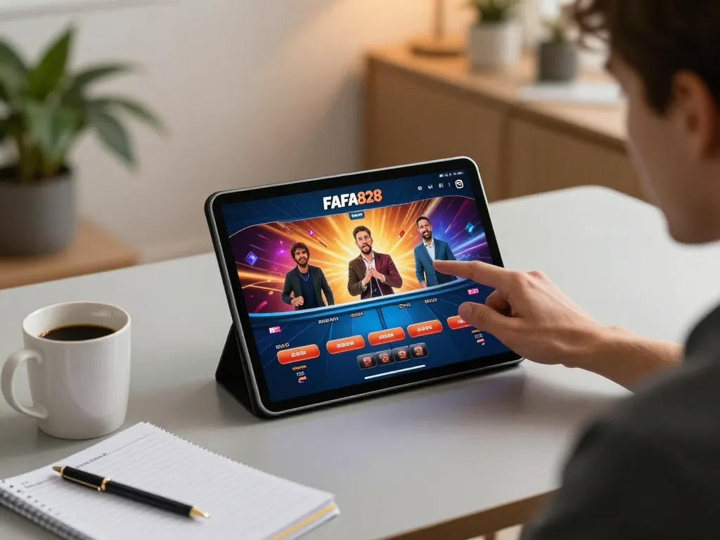 Players engaging in FAFA828 online casino gaming with strategy notes and ambient home lighting