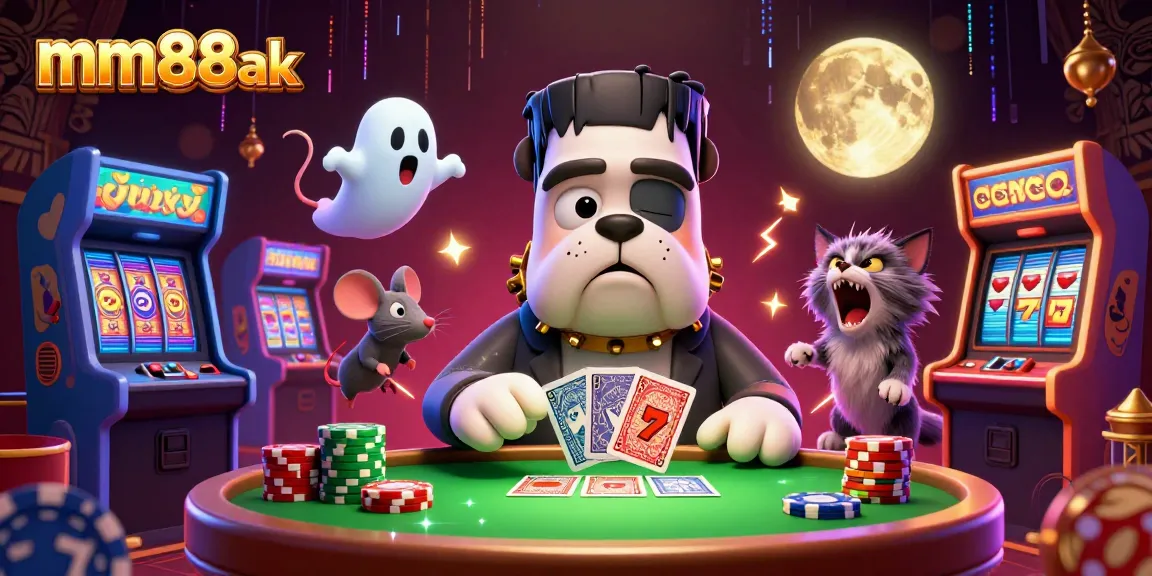 Experience thrilling games at mm88ak with a 3D cartoon Frankenstein bulldog dealer and dynamic casino elements.