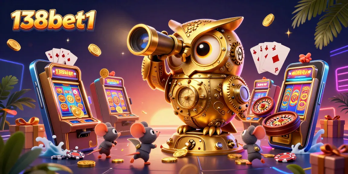 Engage with exciting gameplay at 138bet1, where a golden owl scans the vibrant slot machine floor.
