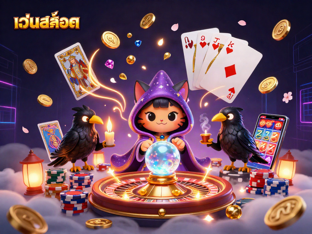 Engage with เว็บสล็อต in an ultra-detailed 3D scene showcasing a mystical cat, a raven, and vibrant casino elements.