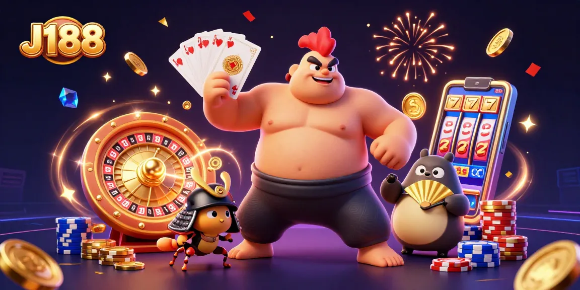Experience thrilling gameplay at J188 with a dynamic illustration of casino excitement featuring classic cards and vibrant elements.
