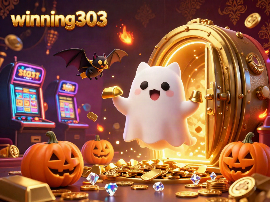 Experience a lively casino atmosphere with winning303, featuring a friendly ghost cat and treasure elements.