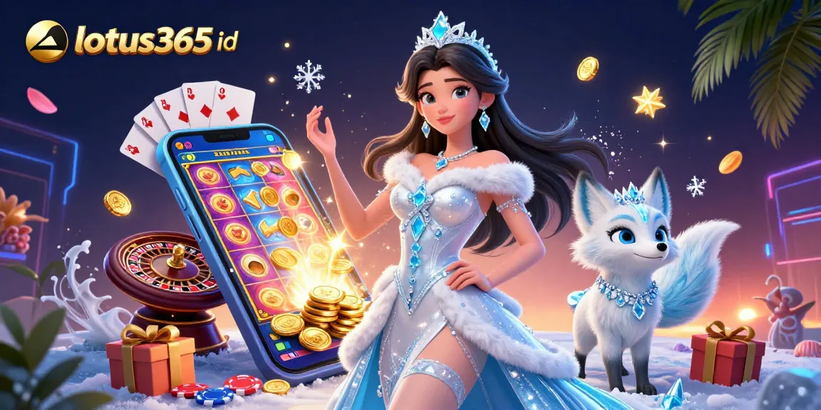 Play exciting games with lotus365 id, featuring slot reels and a charming ice queen.