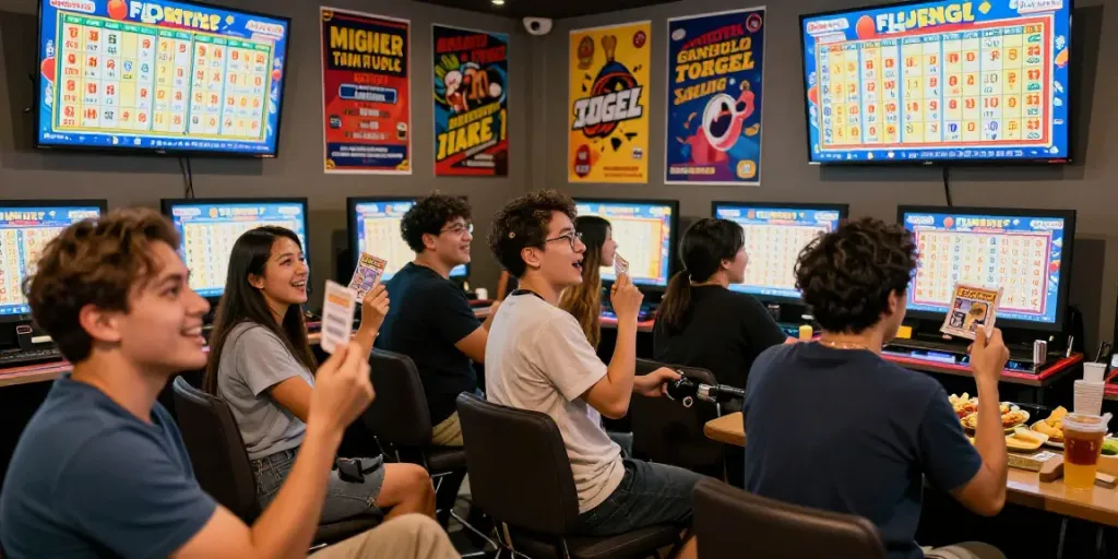 Suasana permainan toto togel yang penuh semangat dalam lounge dengan teman-teman menonton undian.