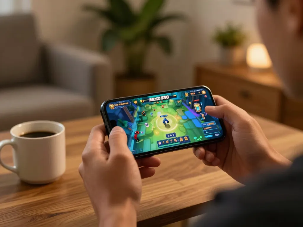 Engaging in Mega888 original mobile gameplay on a smartphone in a cozy home setting.