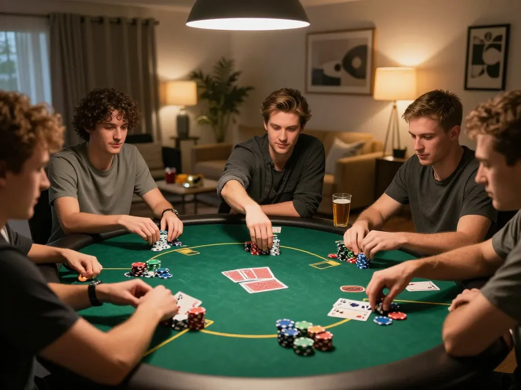77WIN poker night with friends at home, vibrant chips and focused players in cozy atmosphere.