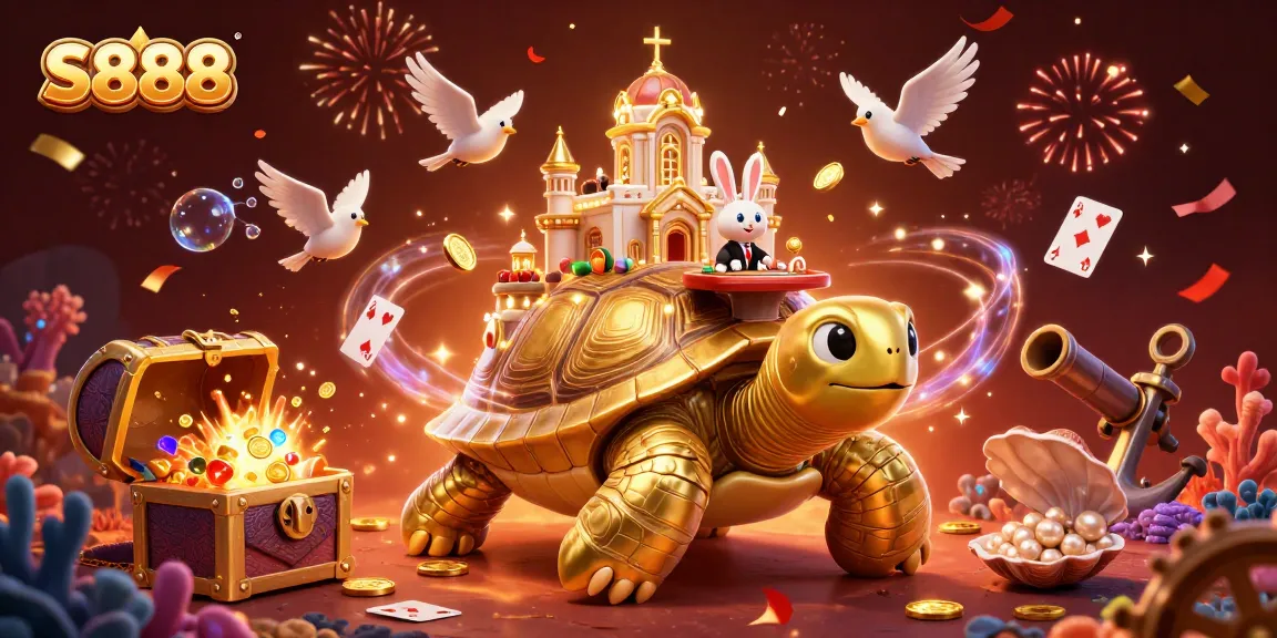 S888 engages players with a golden tortoise casino, rabbit dealer, and golden coins flying around