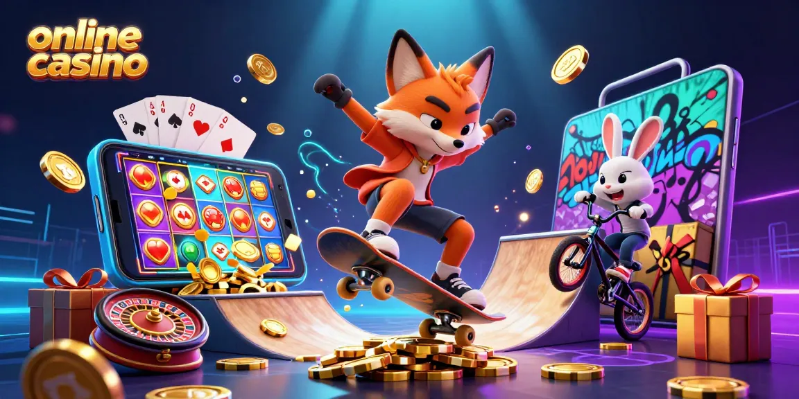 Experience the thrill of an online casino with fox and rabbit characters in dynamic 3D illustration.