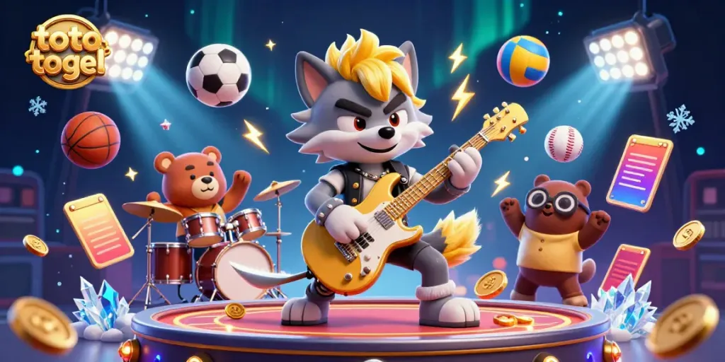 Experience the thrill of toto togel with a dynamic 3D casino scene featuring a rock star wolf and a drummer bear on stage.