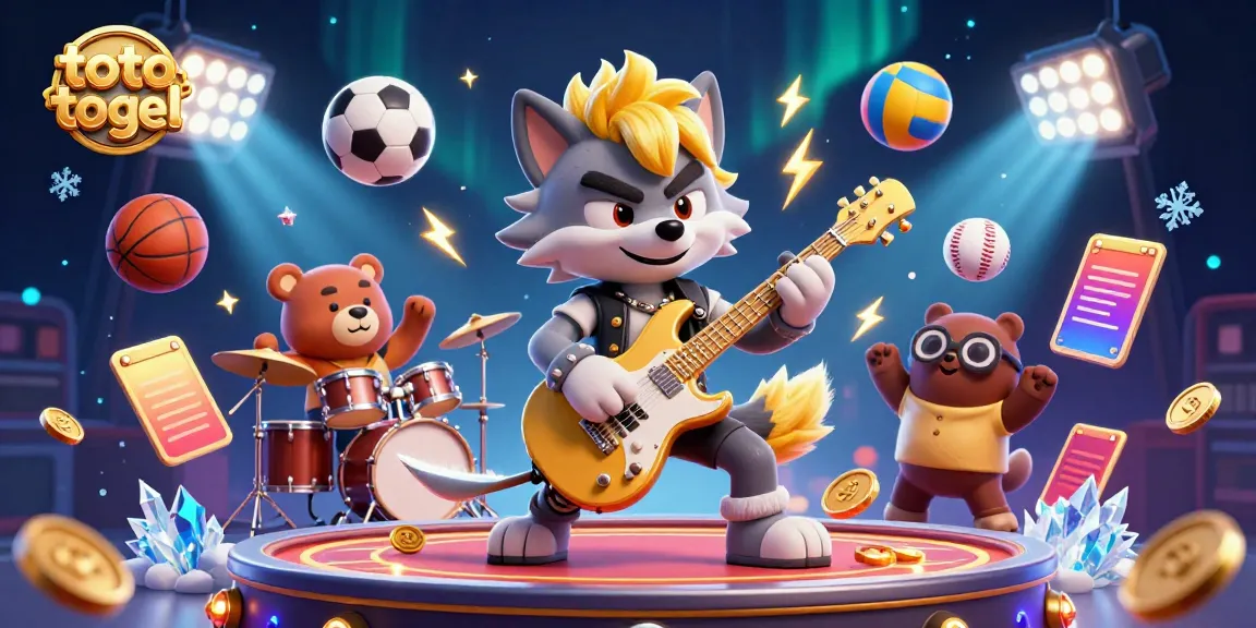 Experience the thrill of toto togel with a dynamic 3D casino scene featuring a rock star wolf and a drummer bear on stage.
