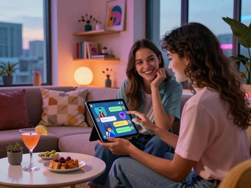 Engaging ai chat nsfw interaction scene with a couple in a stylish lounge.