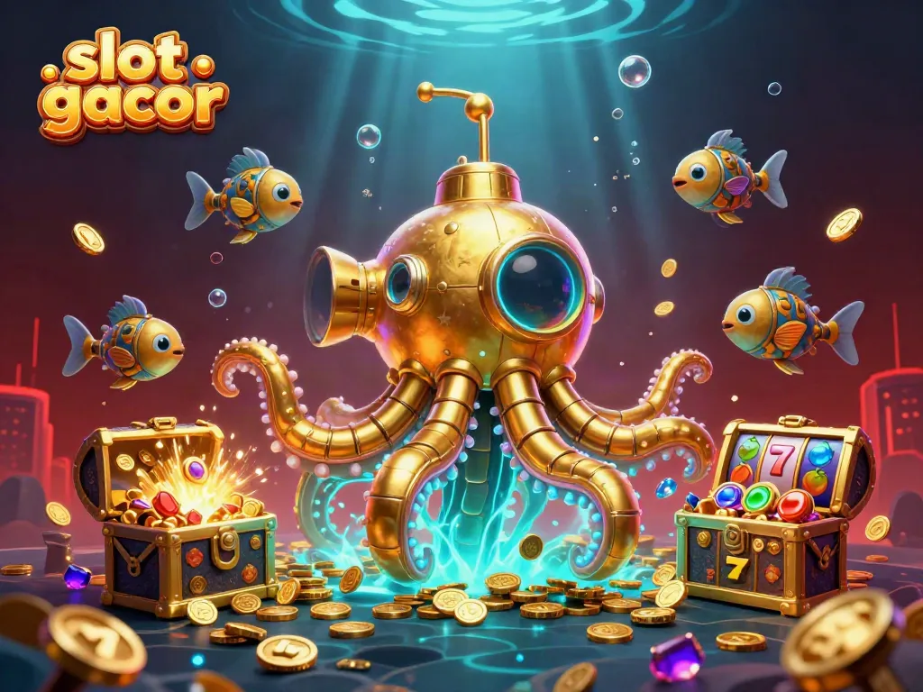 Engage in high-stakes excitement with slot gacor showcasing a kraken submarine and shimmering treasures.