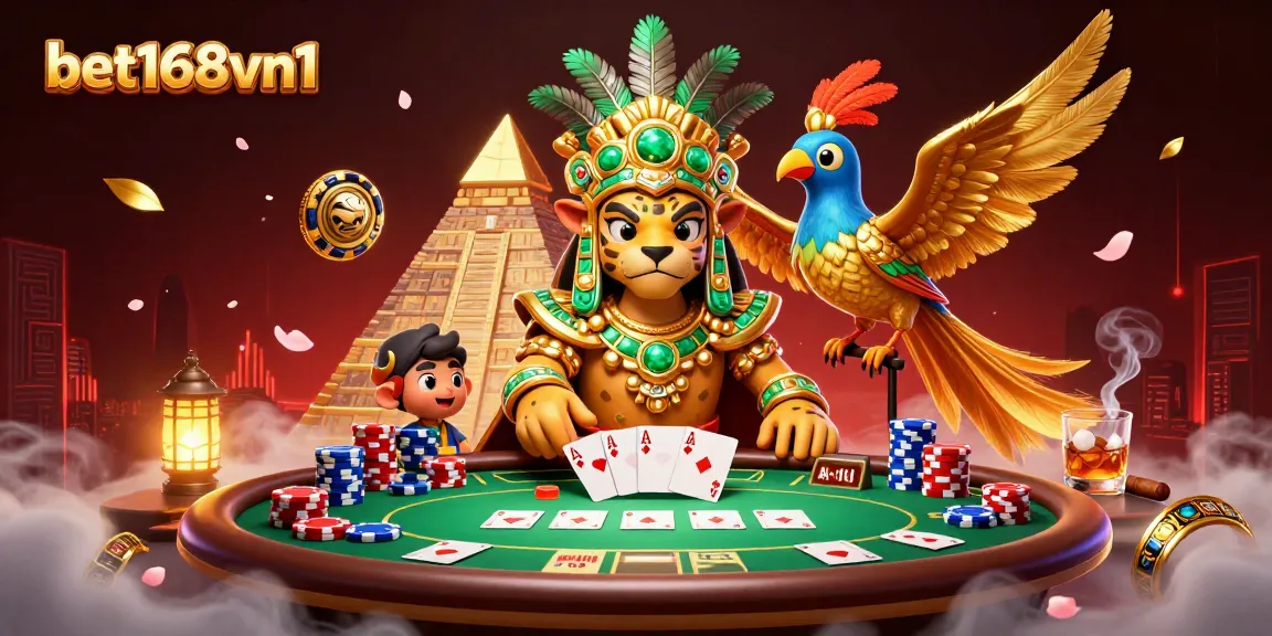 Experience thrilling gameplay with bet168vn1 at this vibrant poker scene featuring exotic characters and elements.