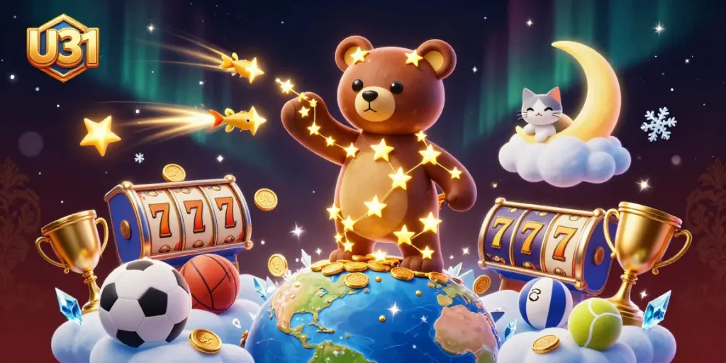 Win big with U31 in this vibrant 3D scene featuring casino elements and dynamic characters.