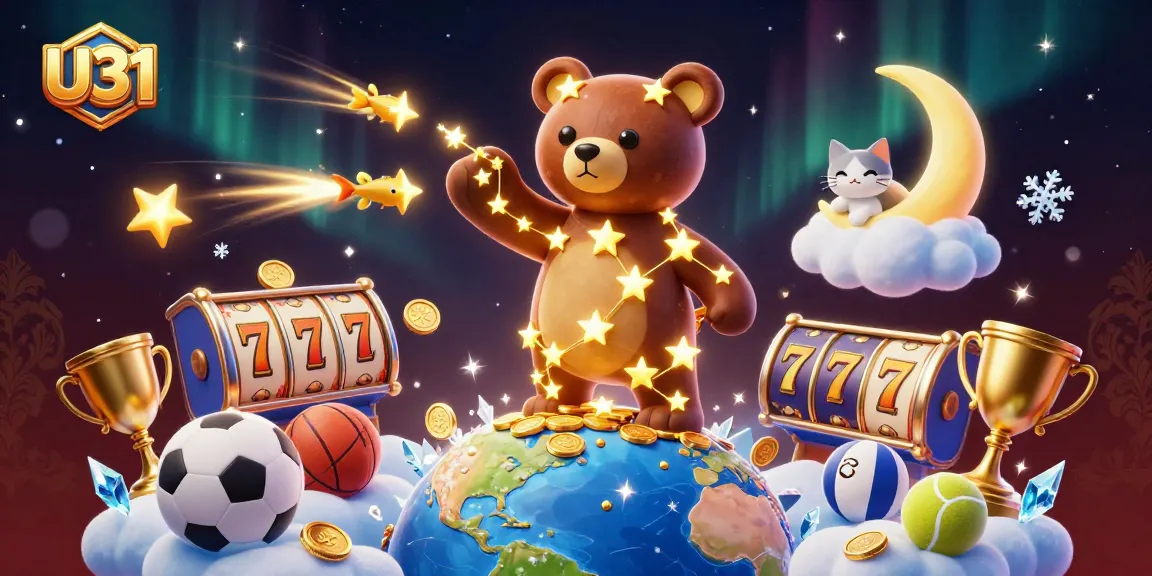 Win big with U31 in this vibrant 3D scene featuring casino elements and dynamic characters.