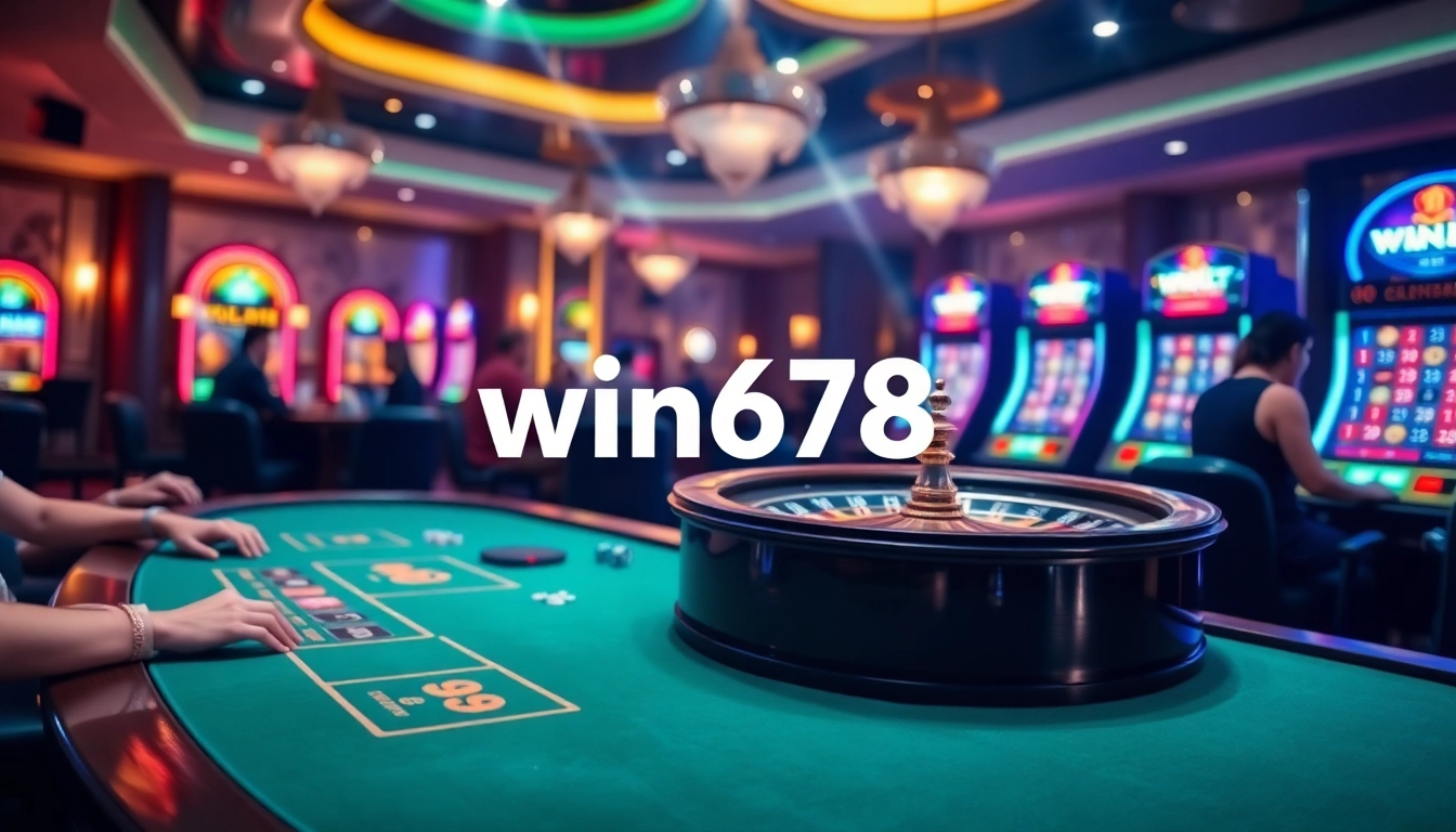 Explore win678's thrilling online casino experience with vibrant gaming tables and slot machines.