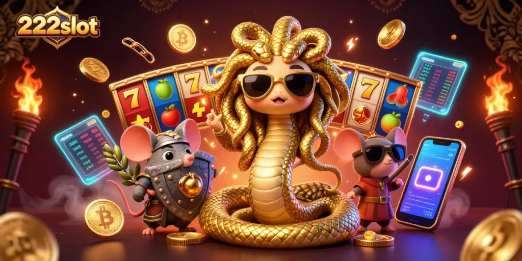 Interaksi 222slot bersama Medusa, simbol slot, dan koin kripto dalam suasana kasino yang ramai.