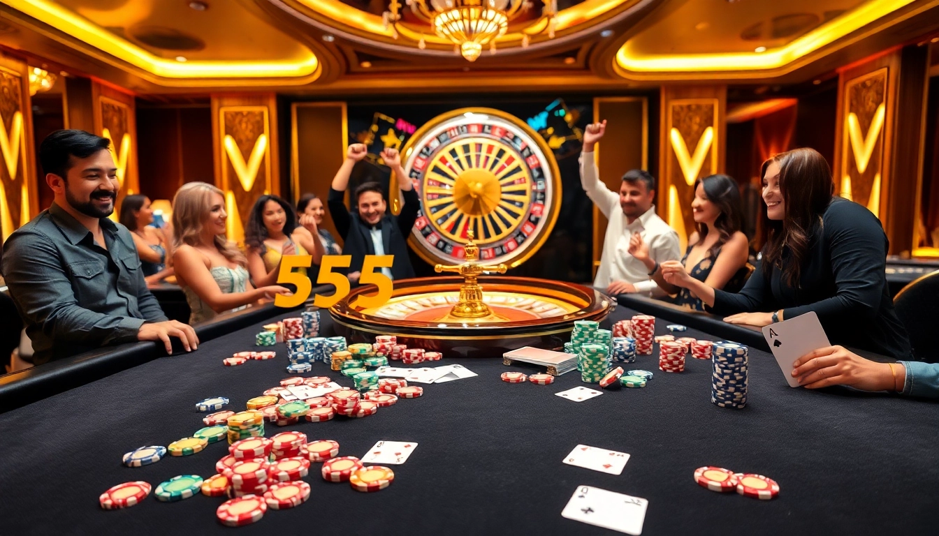 Experience the thrill of casino gaming with 555 win showcased through vibrant tables and joyful players.
