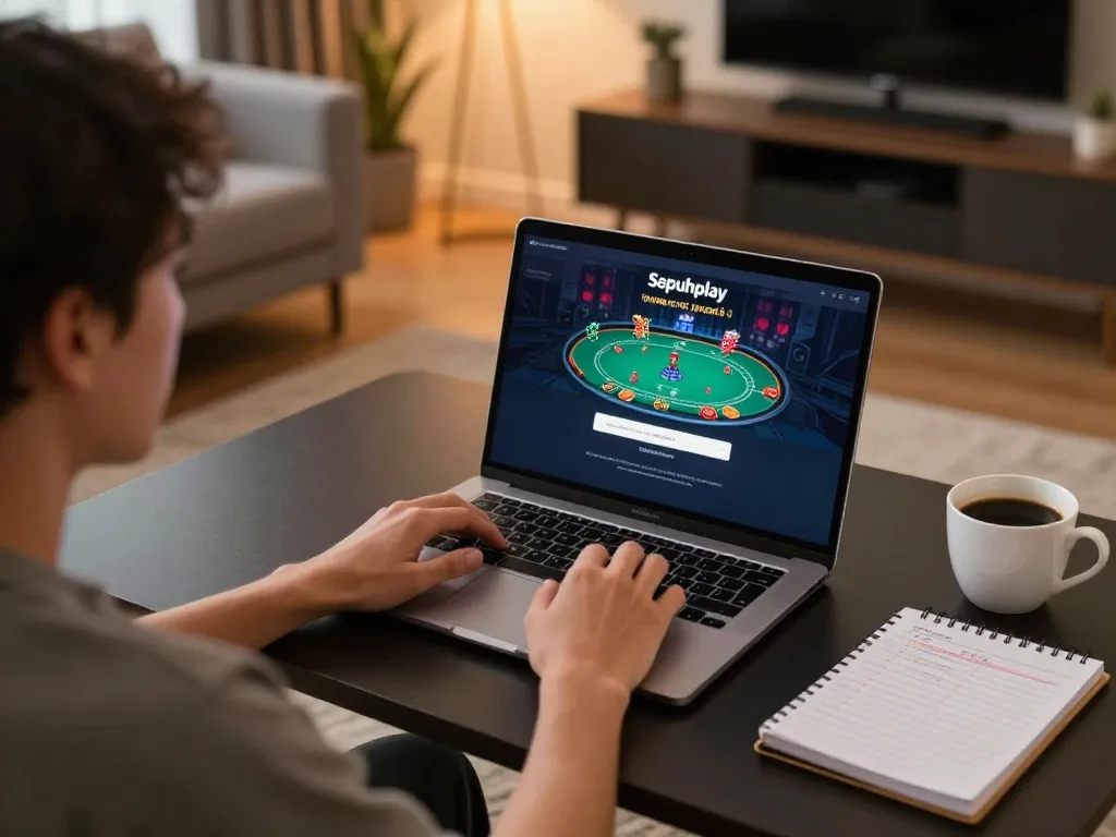 Engaging in responsible gaming with Sepuhplay login at home using a laptop for online poker.