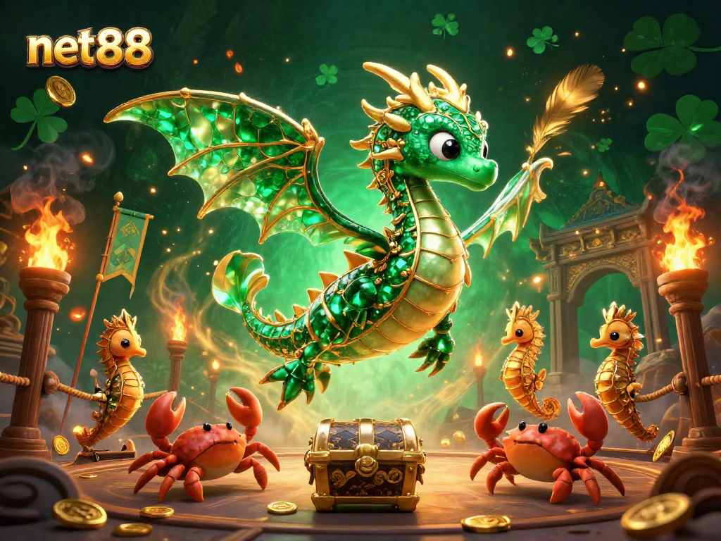 Experience luxury and adventure with net88 as a 3D sea dragon and treasures collide in this vibrant casino scene.
