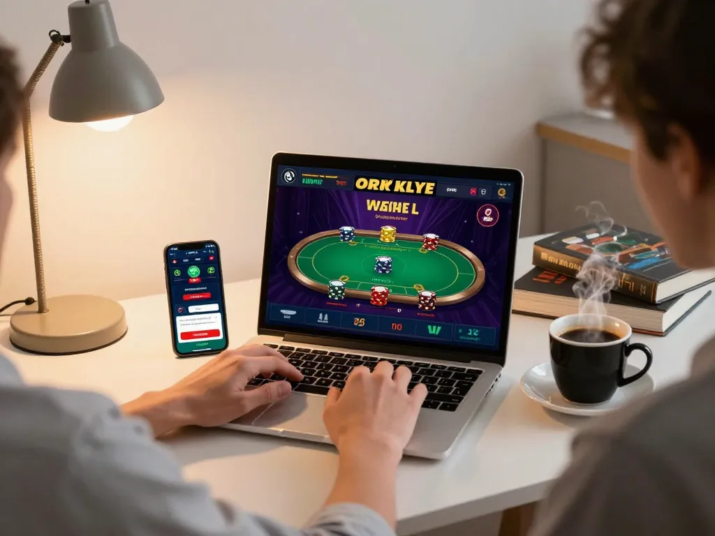 Engaging in online gaming at https://dola88vn.com/ with a stylish setup and poker game displayed on laptop.