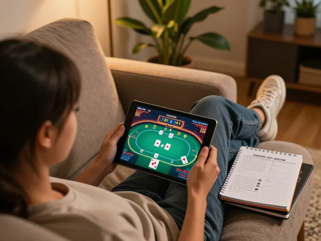 Engaging in online casino gameplay at home with tablet showcasing Canadian online casinos and strategic notes.